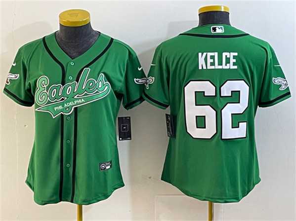Womens Philadelphia Eagles #62 Jason Kelce Green Cool Base Stitched Baseball Jersey(Run Small)->women nfl jersey->Women Jersey